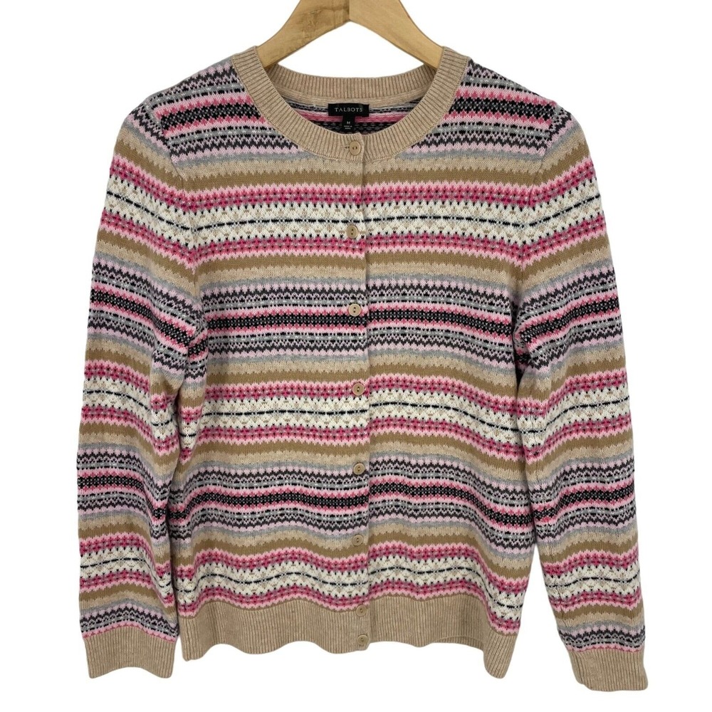 Talbots Fair Isle Cardigan Sweater Medium Beige Pink
